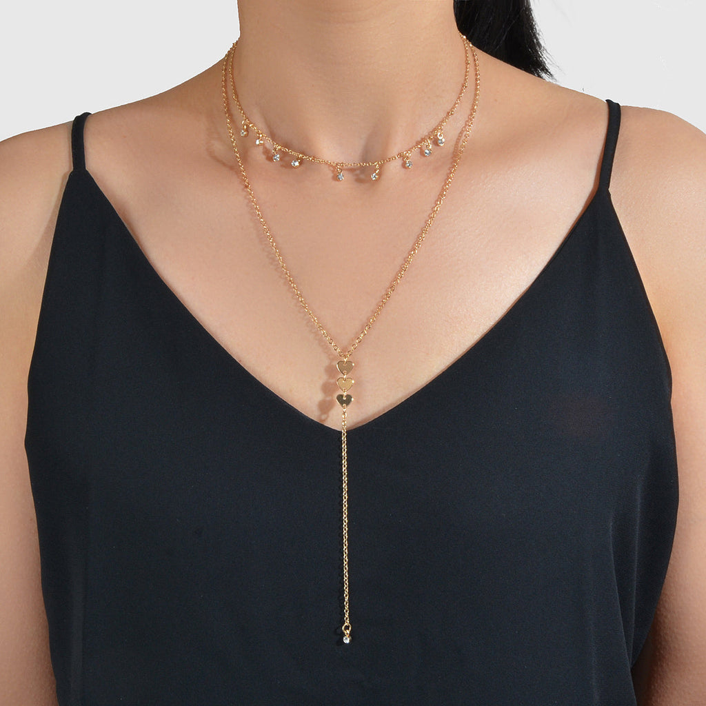 2pcs Designer Jewellery Rhinestone Charm Necklace Heart Y shape Pendant Necklace